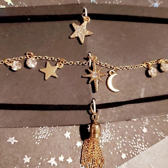 💥SOLD! Set 3 Celestial Chokers Black Leather/Gold - Picture 2 of 4